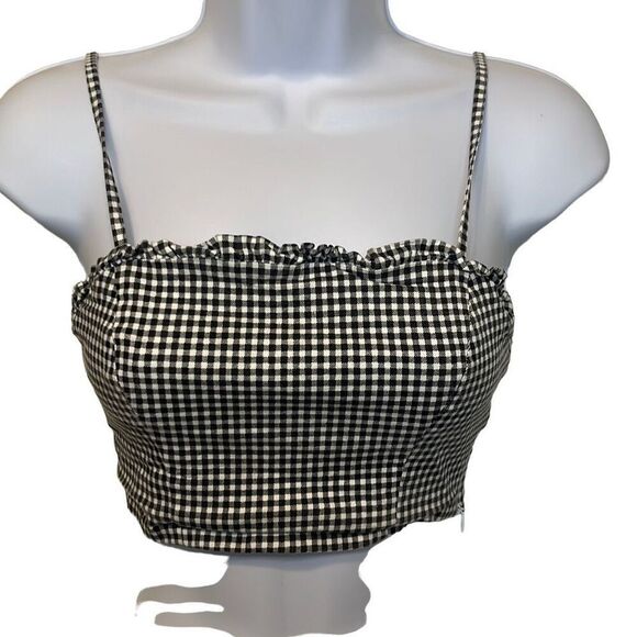 Forever 21 Small Black White Gingham Plaid Crop Tank Top Milkmaid Ruffles Rodeo - Picture 1 of 6